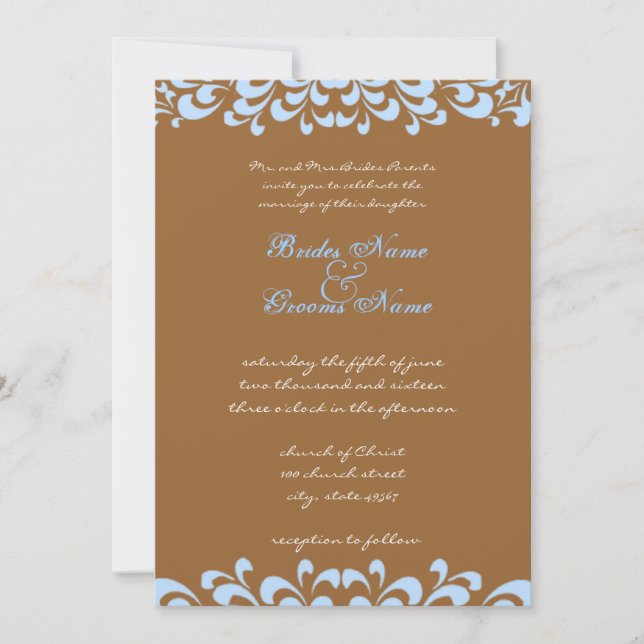 Brown and Blue Abstract Floral Wedding Invitation (Front)