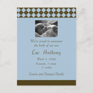 Brown and Blue Argyle Announcement (Customisable) Postcard