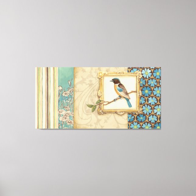 Brown and Blue Bird on a Branch Looking Up Canvas Print (Front)