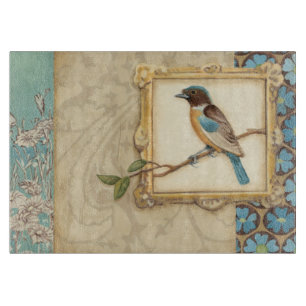 Brown and Blue Bird on a Branch Looking Up Cutting Board