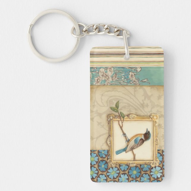 Brown and Blue Bird on a Branch Looking Up Key Ring (Front)
