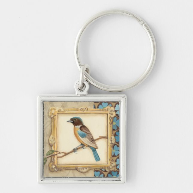 Brown and Blue Bird on a Branch Looking Up Key Ring (Front)