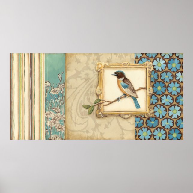 Brown and Blue Bird on a Branch Looking Up Poster (Front)