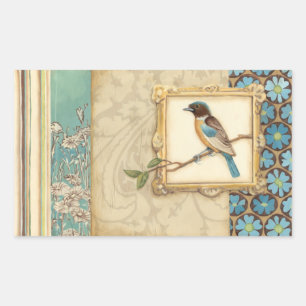 Brown and Blue Bird on a Branch Looking Up Rectangular Sticker