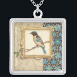 Brown and Blue Bird on a Branch Looking Up Silver Plated Necklace<br><div class="desc">Meagan Meagher is a talented abstract and designer. This painting contains many different neutral and vivid colours like teal-blue,  beige and light yellow. The frame around the bird adds a classy touch. Customise your favourite Zazzle product using this beautiful image.</div>