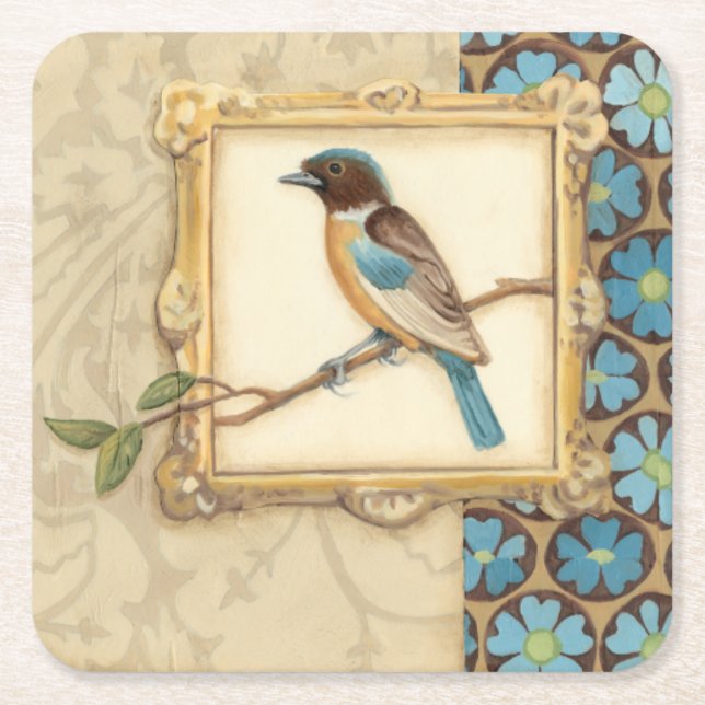 Brown and Blue Bird on a Branch Looking Up Square Paper Coaster (Front)