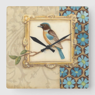 Brown and Blue Bird on a Branch Looking Up Square Wall Clock