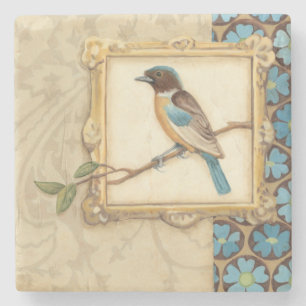 Brown and Blue Bird on a Branch Looking Up Stone Coaster