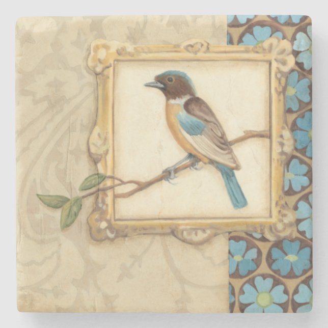 Brown and Blue Bird on a Branch Looking Up Stone Coaster (Front)