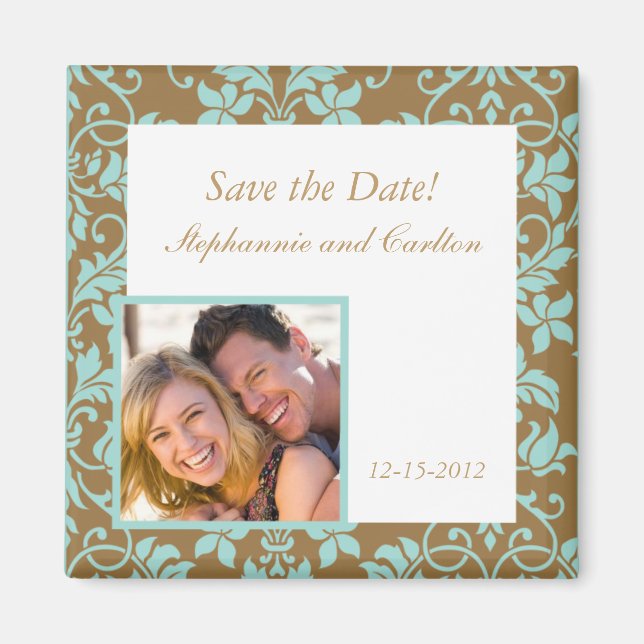 Brown and Blue Damask Announcement Magnet (Front)