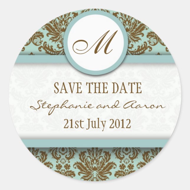 Brown and Blue Damask Monogram Wedding Sticker (Front)