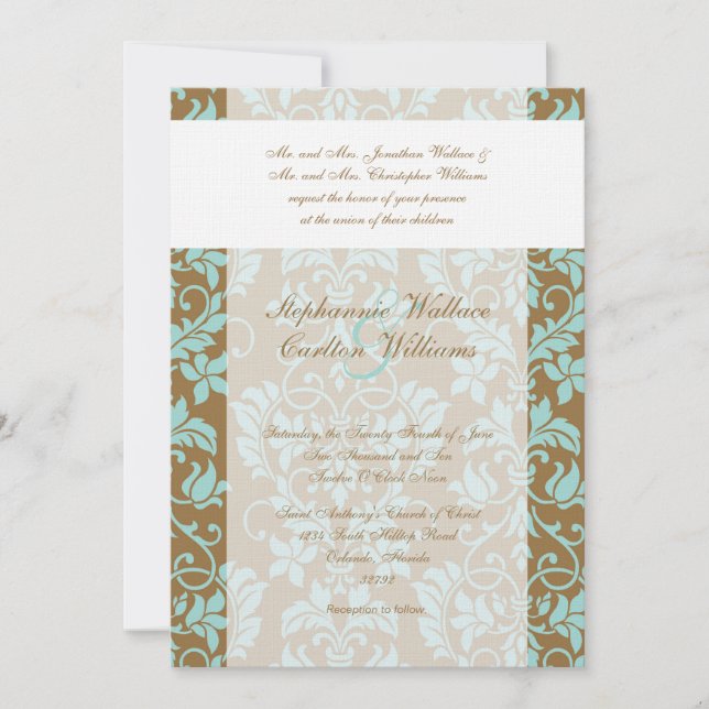 Brown and Blue Damask Wedding Invitation (Front)
