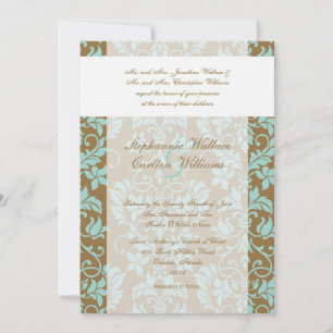 Brown and Blue Damask Wedding Invitation