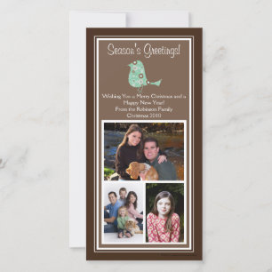 Brown and Blue Floral Bird Christmas 3 Photo Cards