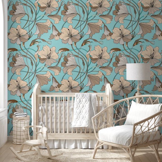 Brown and blue floral pattern wallpaper (Kids)