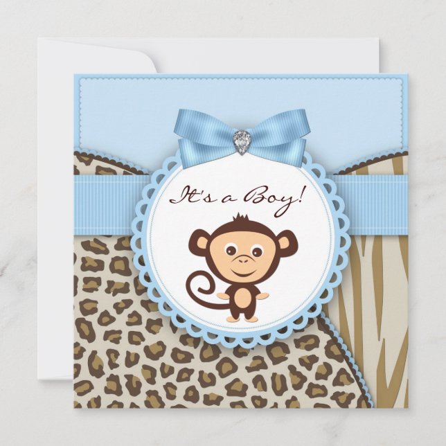 Brown and Blue Monkey Baby Shower Invitation (Front)