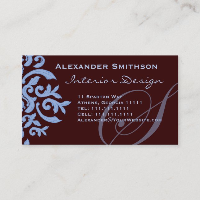 Brown and Blue Monogram S Designer Business Card (Front)