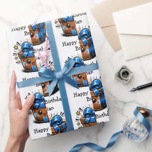 Brown and Blue Personalized Happy Birthday Wrapping Paper