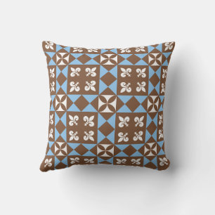 Brown and Blue Retro Geometric Pattern Cushion