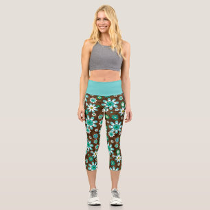 Brown and Blue Retro Mod Flowers  Capri Leggings