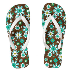 Brown and Blue Retro Mod Flowers  Flip Flops