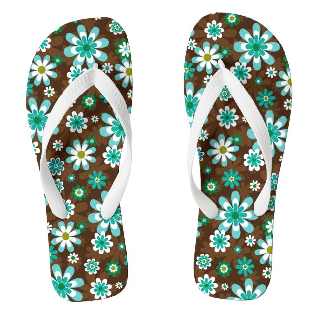 Brown and Blue Retro Mod Flowers  Flip Flops (Footbed)