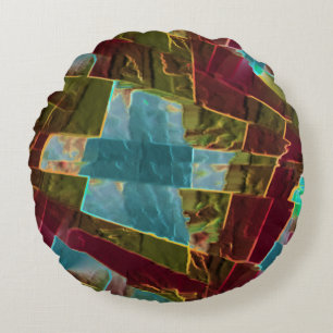 Brown and blue spotted looking carved wax round cushion
