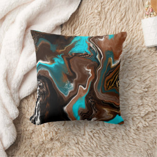Brown and Blue Teal Marble Fluid Art Cushion