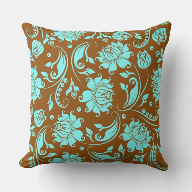 Brown And Blue Vintage Floral Damasks Cushion (Front)