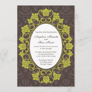 Brown and Chartreuse Floral Damask wedding invite