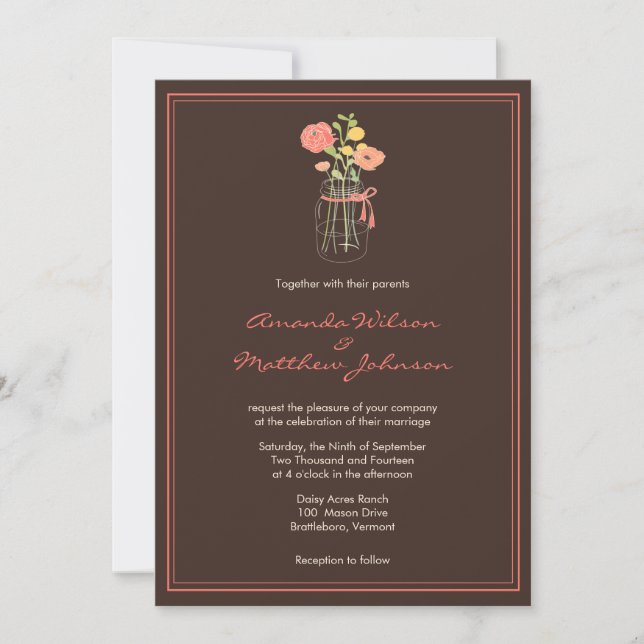 Brown and Coral Mason Jar Wedding Invitations (Front)