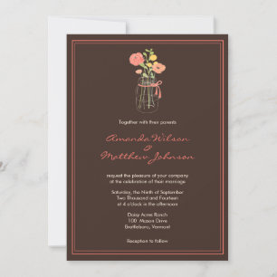 Brown and Coral Mason Jar Wedding Invitations