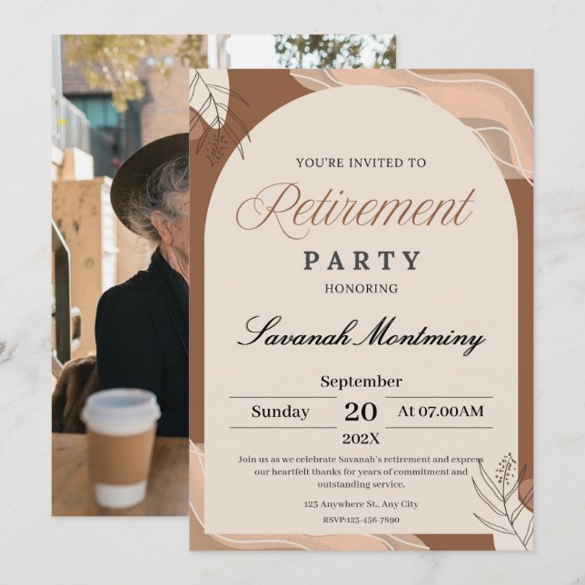 Brown and Cream Aesthetic Retirement Party Photo  Invitation (Front/Back)
