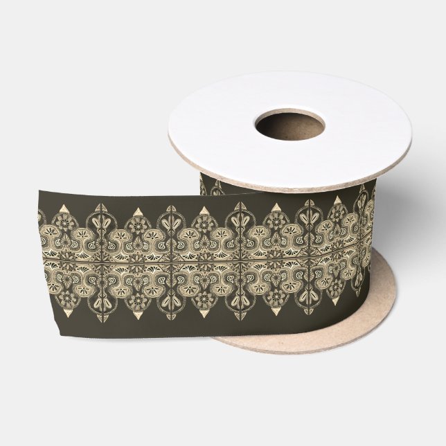  Brown and Cream Ethnic pattern Satin Ribbon (Spool)