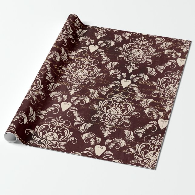 Brown and Cream Gothic Damask pattern Wrapping Paper (Unrolled)
