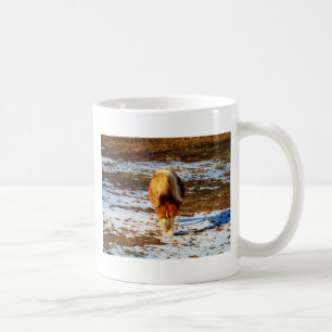 Brown and cream miniature horse in the snow. coffee mug