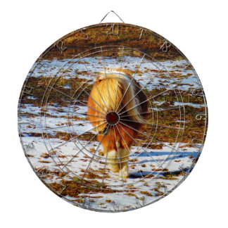 Brown and cream miniature horse in the snow. dartboard