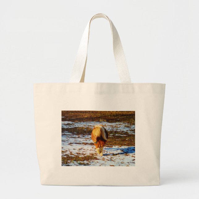 Brown and cream miniature horse in the snow. large tote bag (Front)