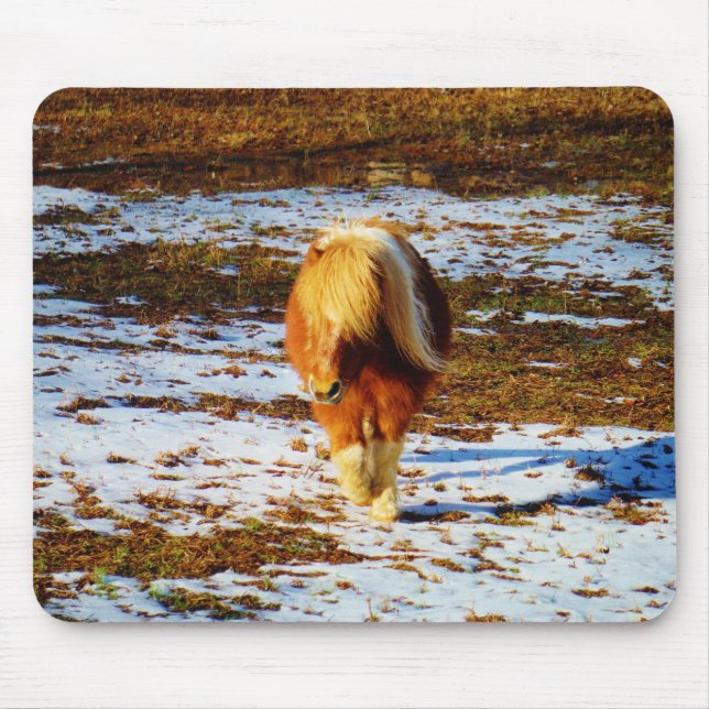 Brown and cream miniature horse in the snow. mouse mat (Front)