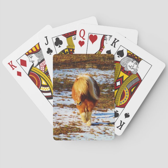 Brown and cream miniature horse in the snow. playing cards (Back)