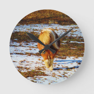 Brown and cream miniature horse in the snow. round clock