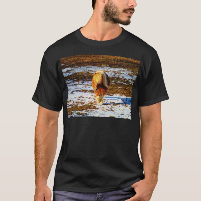 Brown and cream miniature horse in the snow. T-Shirt (Front)