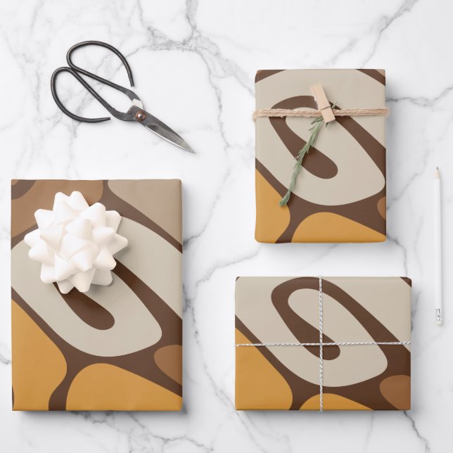 Brown and Cream Neutral Spiral Scroll Pattern Wrapping Paper Sheet (Front)