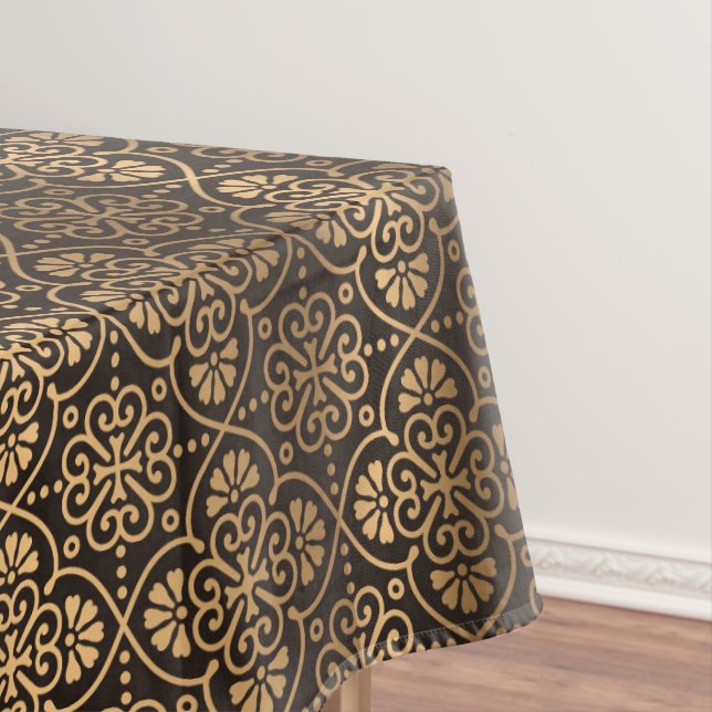 brown and gold art deco pattern tiled tablecloth (In Situ)