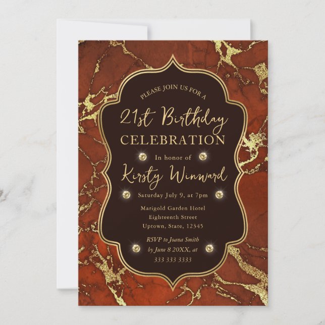 Brown and Gold Autumn Fall Marble 21st Birthday Invitation (Front)