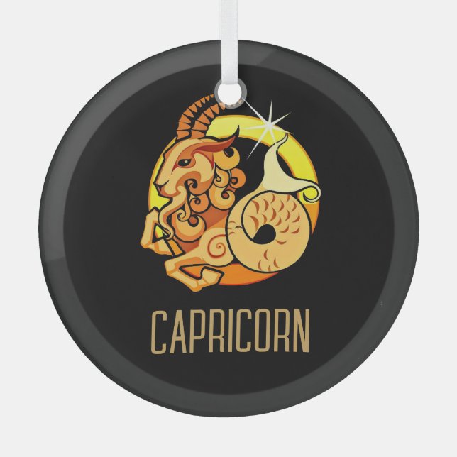 Brown and gold Capricorn zodiac sign black Glass Tree Decoration (Front)