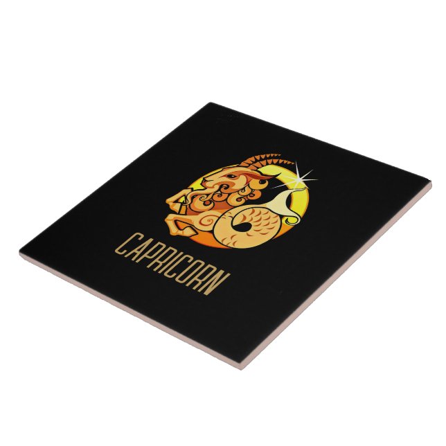 Brown and gold Capricorn zodiac sign black Tile (Side)