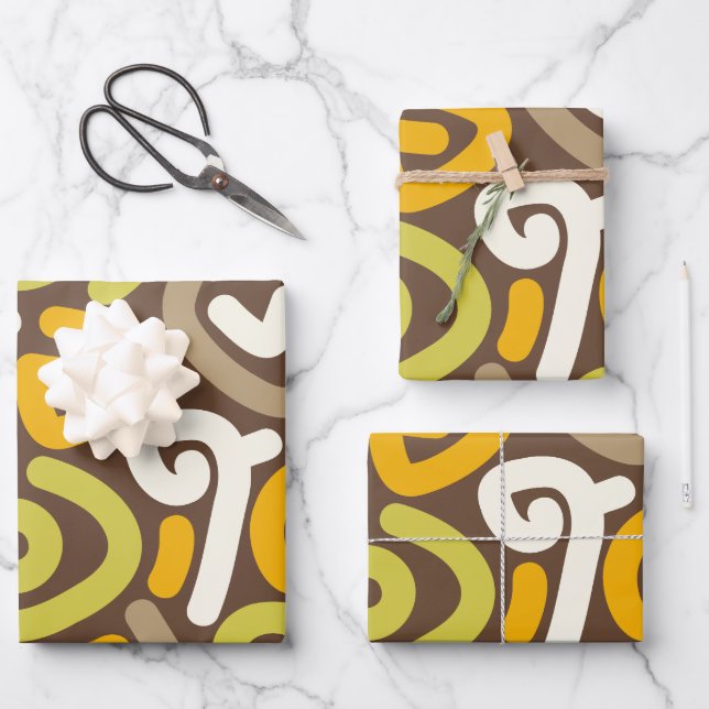 Brown and Gold Earthy Loop Doodle Pattern Wrapping Paper Sheet (Front)