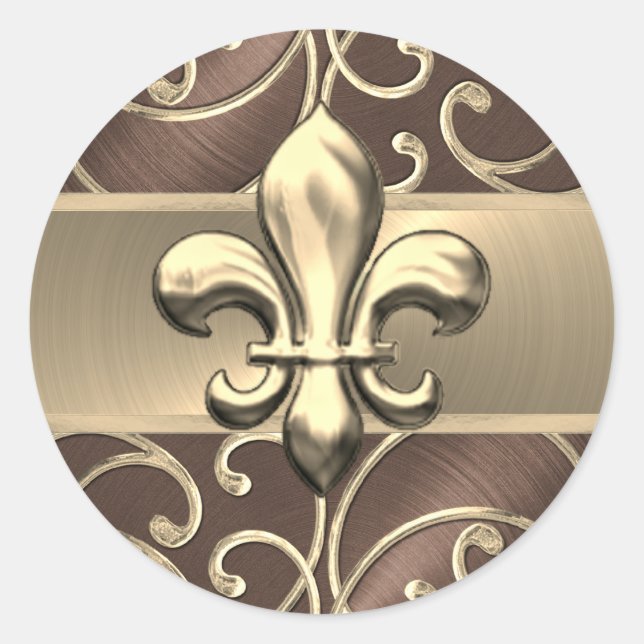 Brown and Gold Filigree Swirls Fleur de Lis Classic Round Sticker (Front)