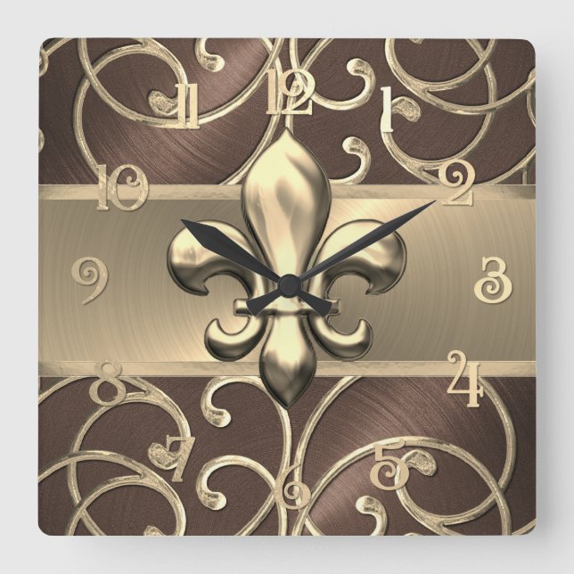 Brown and Gold Filigree Swirls Fleur de Lis Square Wall Clock (Front)